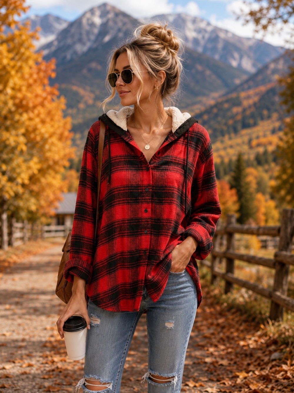 Ci Sono Sherpa-Lined Hood Plaid Flannel Shirt Jacket Cottagecore Shacket Sz L